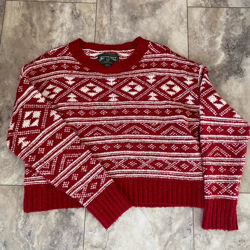 American Eagle Outfitters Red and White Crewneck Sweater